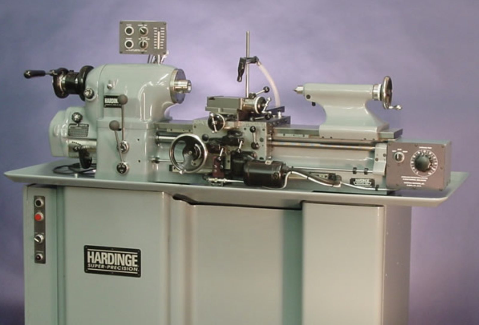 A Hardinge HLV-H Super-Precision toolroom lathe after a full restoration at Cavco, shown against a studio background