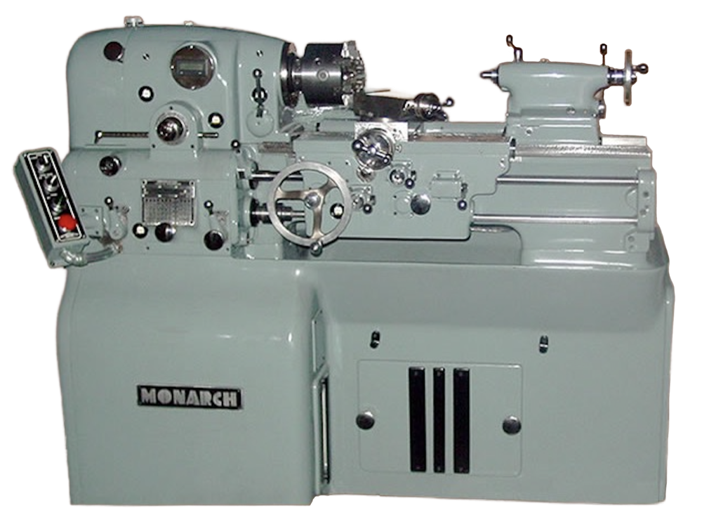 A Monarch engine lathe after a full rebuild at Cavco, repainted and reassembled, on a plain background